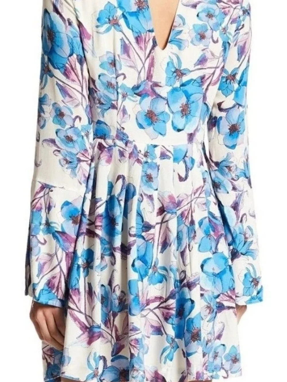 Free People Blue Floral Keyhole Long-Sleeve Mini Dress